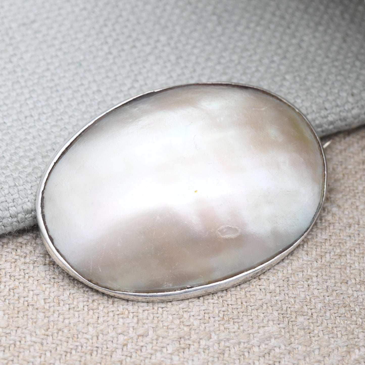 Antique Sterling Silver Mother of Pearl Brooch c. 1900 - Victorian Gemstone Jewellery Cabochon White Stone Oval | Collectable Gift for Her