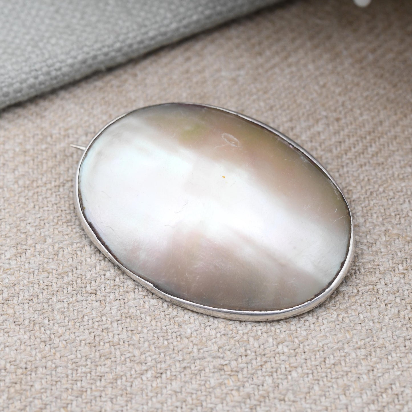 Antique Sterling Silver Mother of Pearl Brooch c. 1900 - Victorian Gemstone Jewellery Cabochon White Stone Oval | Collectable Gift for Her