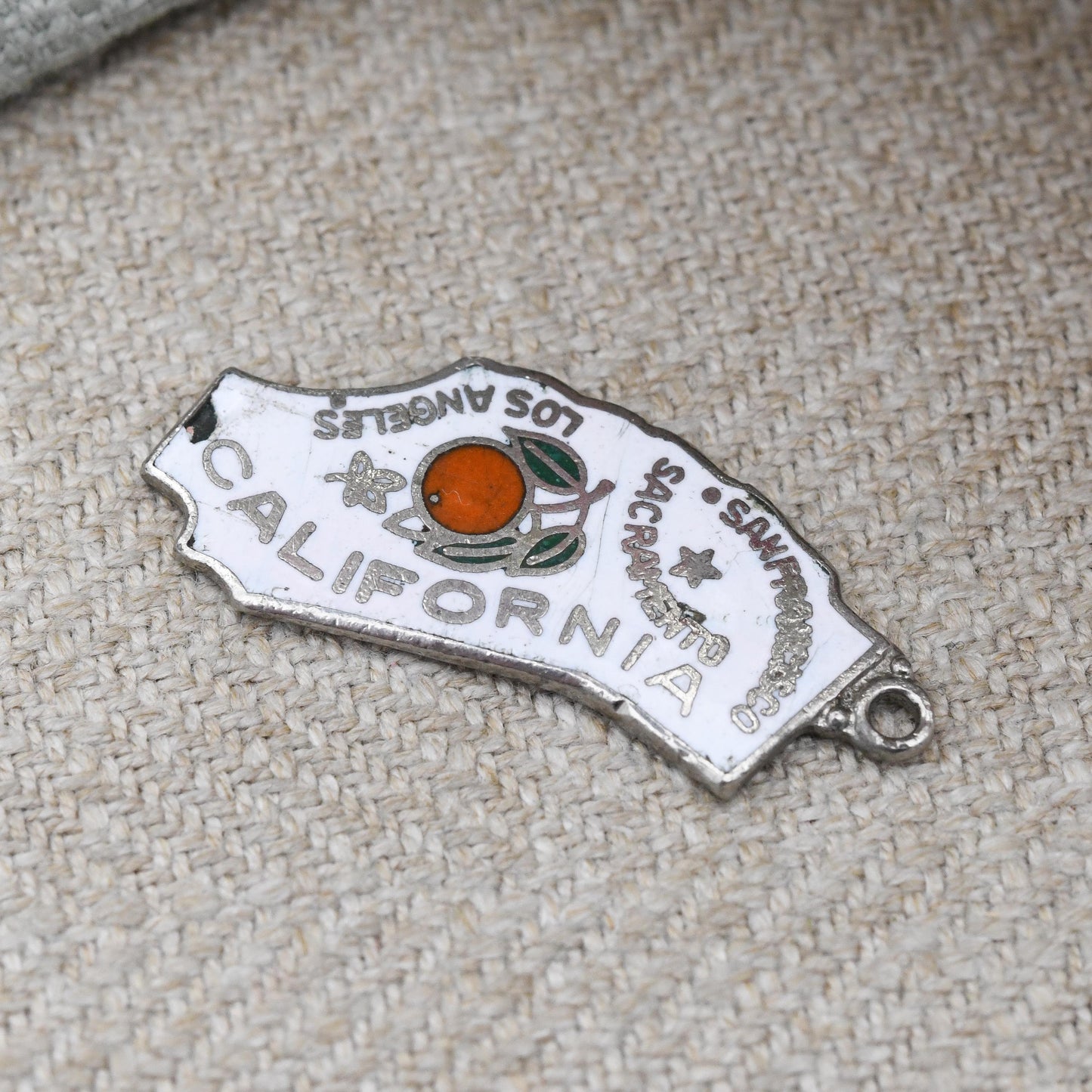 Vintage Enamel California Charm Pendant American Souvenir Map of CA - Colourful White and Orange | San Francisco Souvenir Jewellery Gift