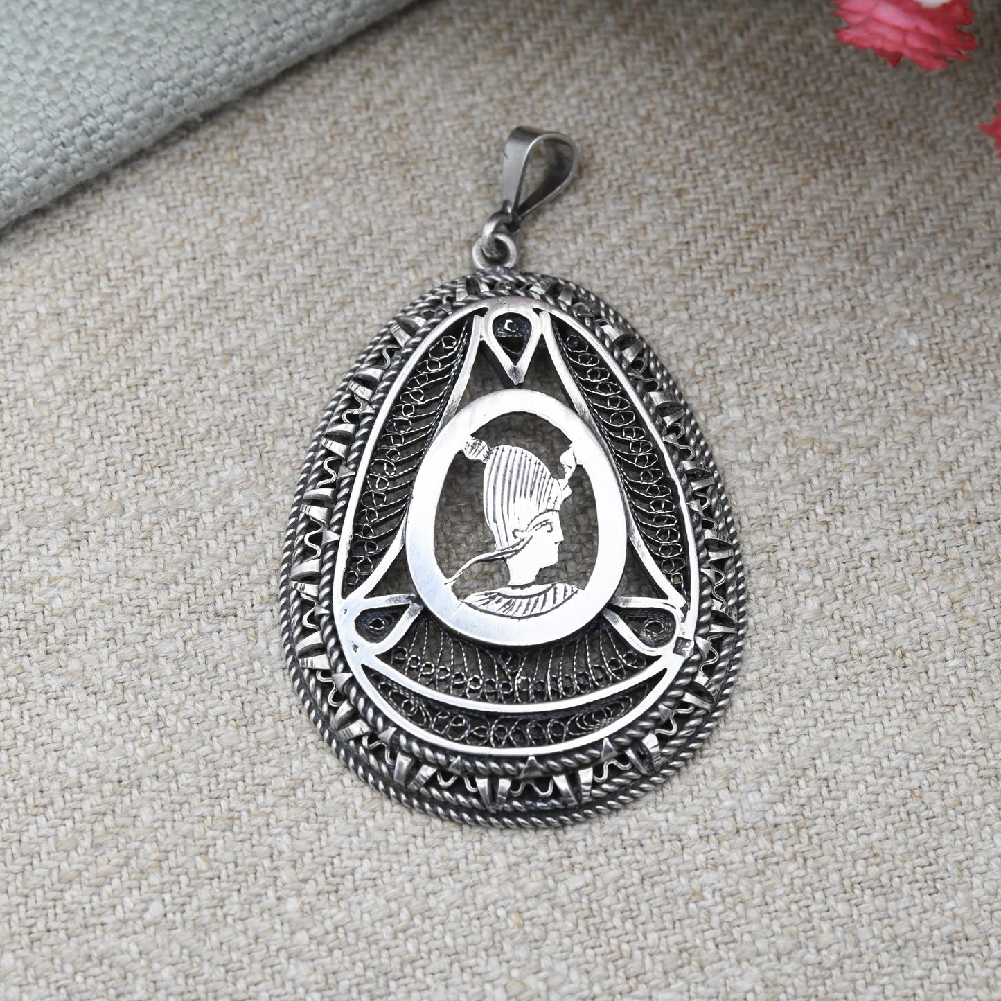 Vintage Egyptian Silver Pharaoh Pendant with Open Cut Out Design - Large Ancient Egypt Souvenir Symbol Jewellery | Egyptian Revival Pendant