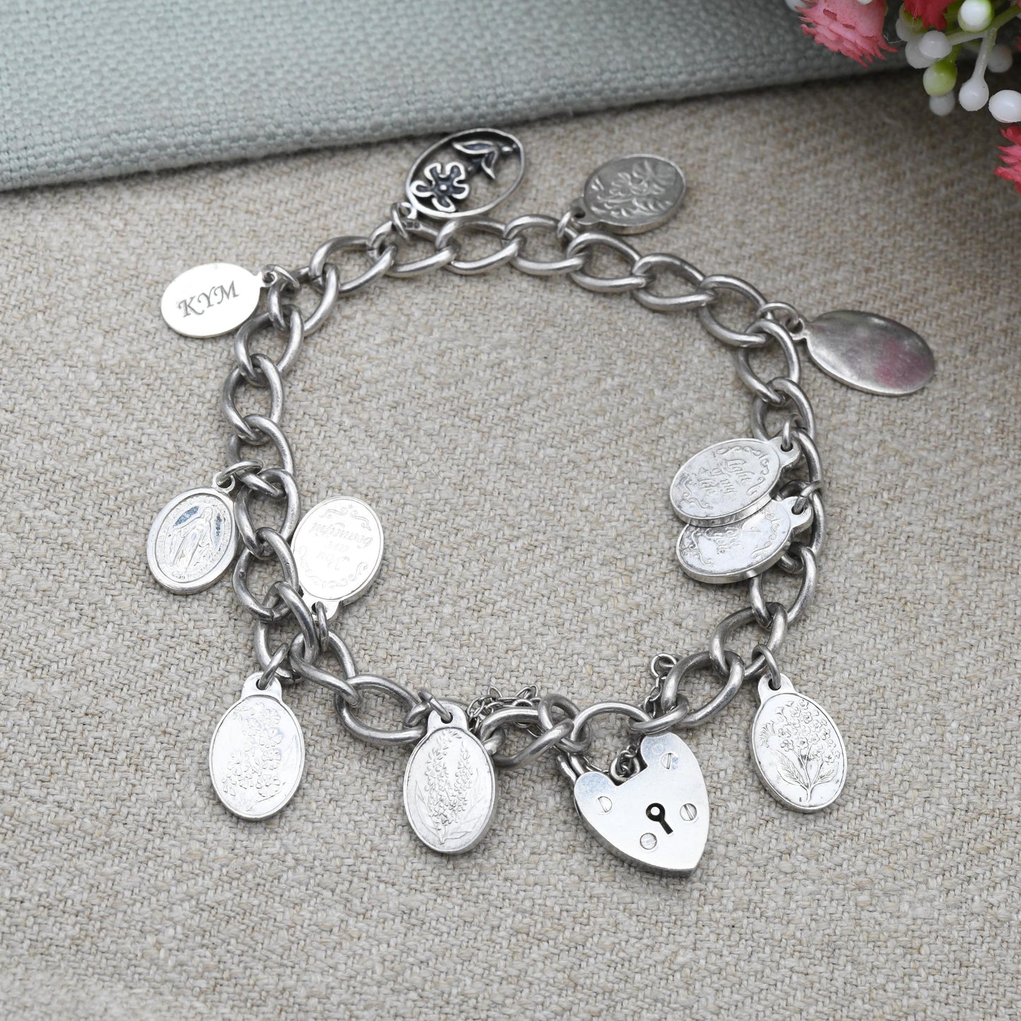 Vintage Sterling Silver Charm Bracelet with 11 Charms 1975 - Danbury Mint Charming Bears Forget Me Not Flowers | Curb Links Charm Set