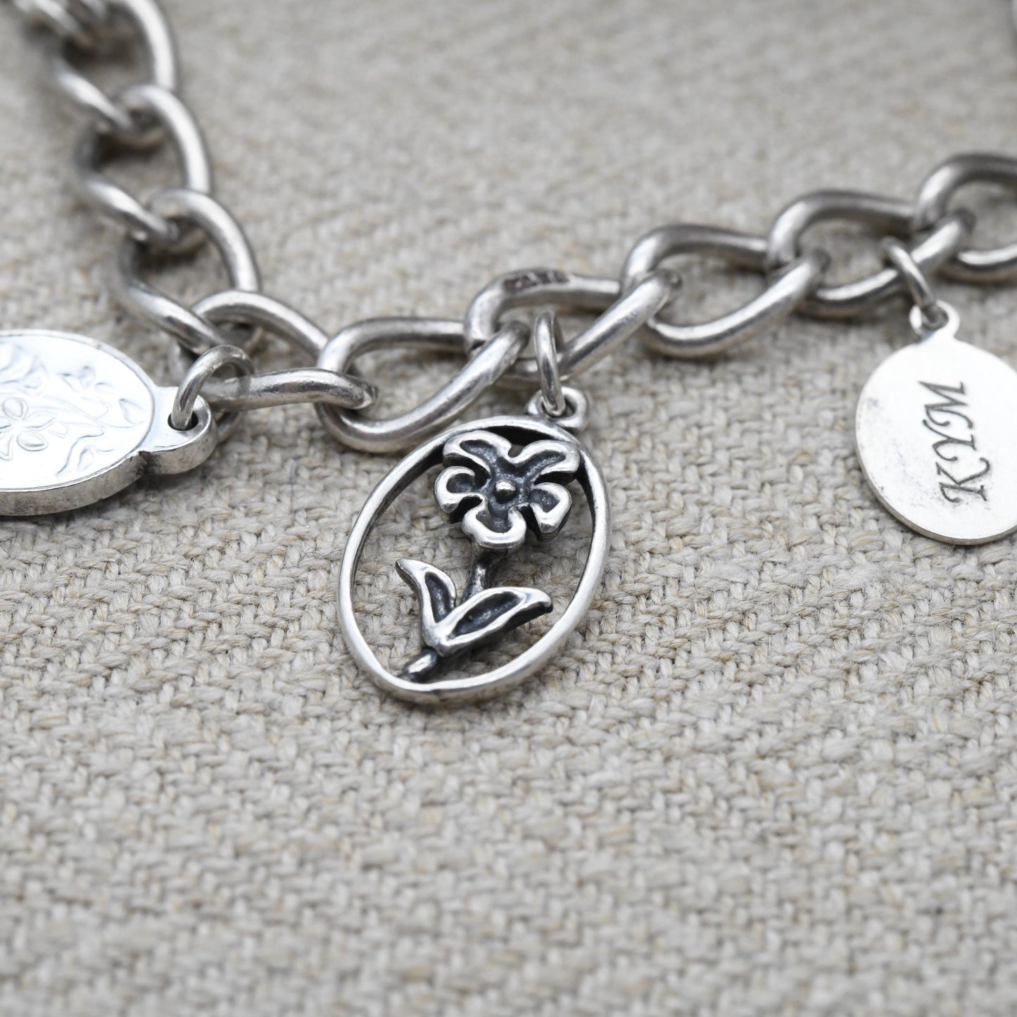 Vintage Sterling Silver Charm Bracelet with 11 Charms 1975 - Danbury Mint Charming Bears Forget Me Not Flowers | Curb Links Charm Set