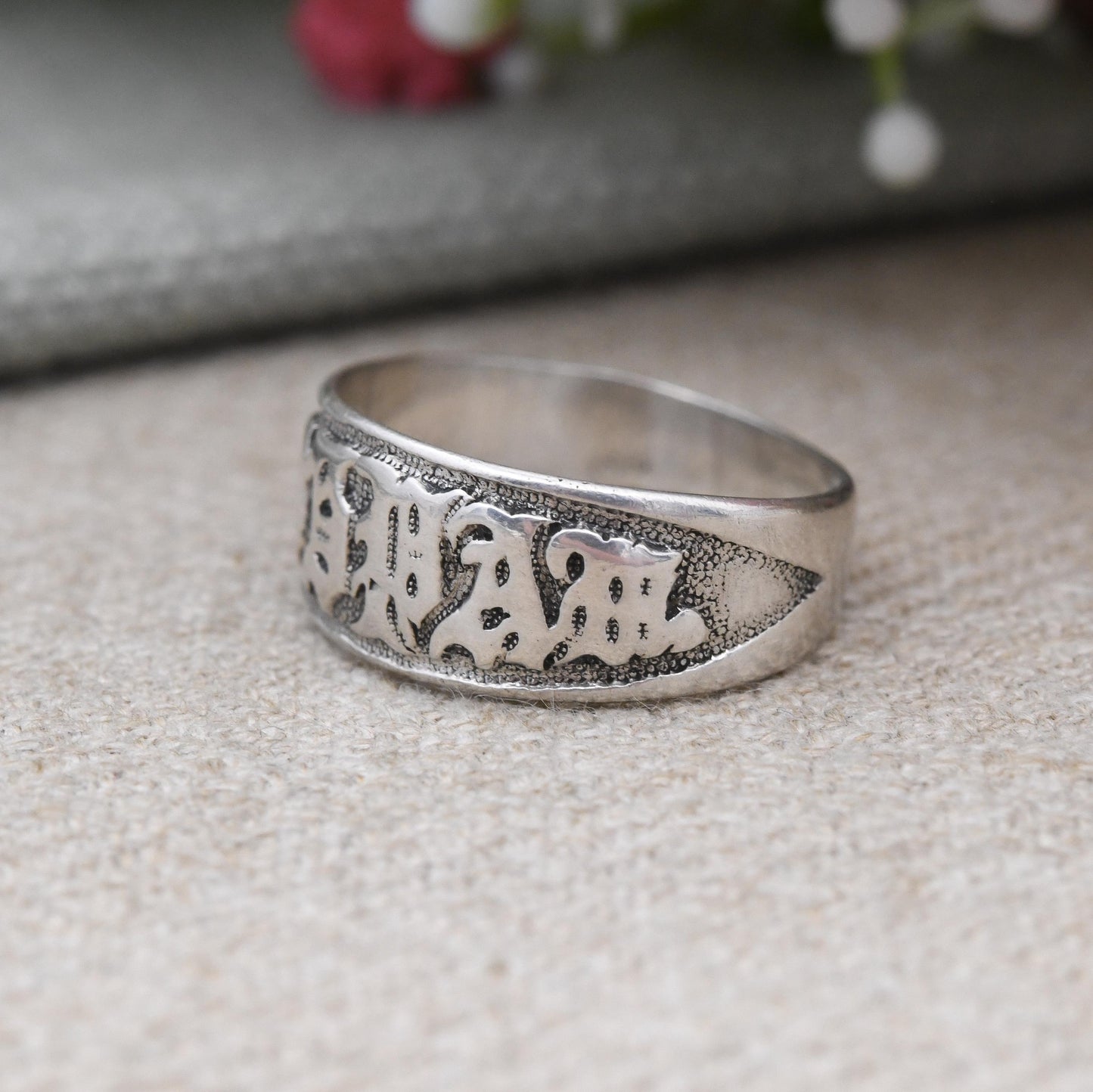 Antique Sterling Silver Mizpah Ring - Victorian Sentimental Jewellery | Gothic Script Characters | Unisex Chunky | Size UK - O | US - 7