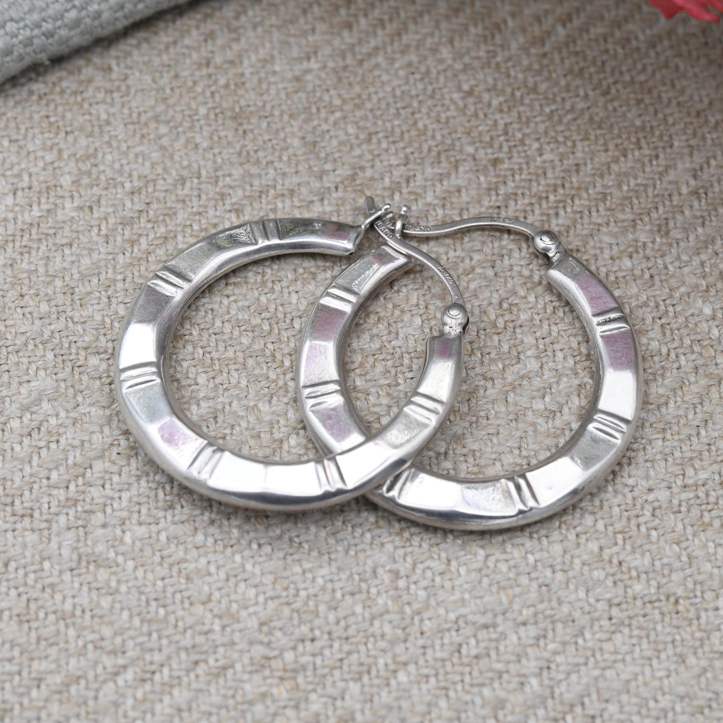 Vintage Sterling Silver Hoop Earrings - Textured Line Hoops Minimalist Design Everyday Jewellery | Made in Thailand