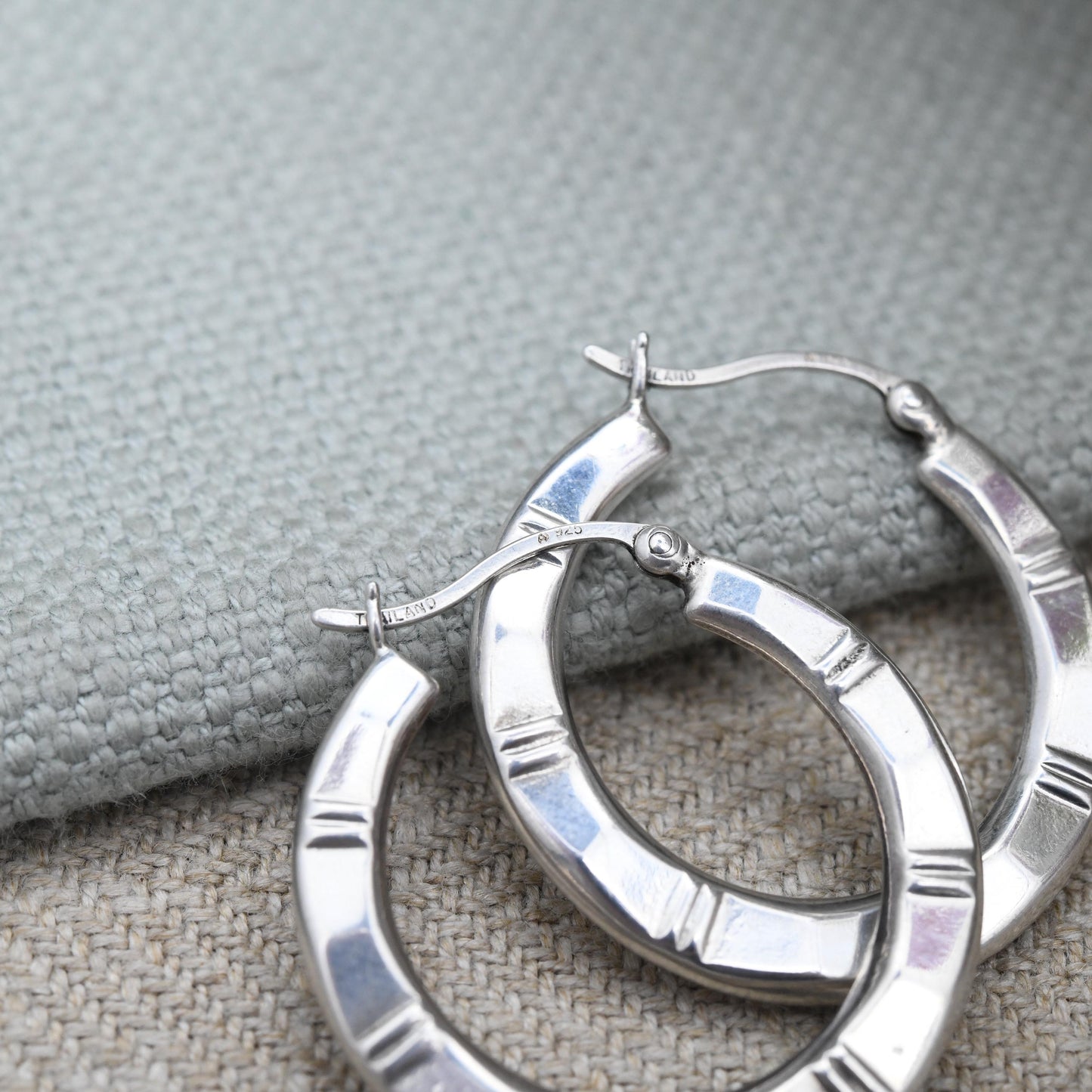 Vintage Sterling Silver Hoop Earrings - Textured Line Hoops Minimalist Design Everyday Jewellery | Made in Thailand