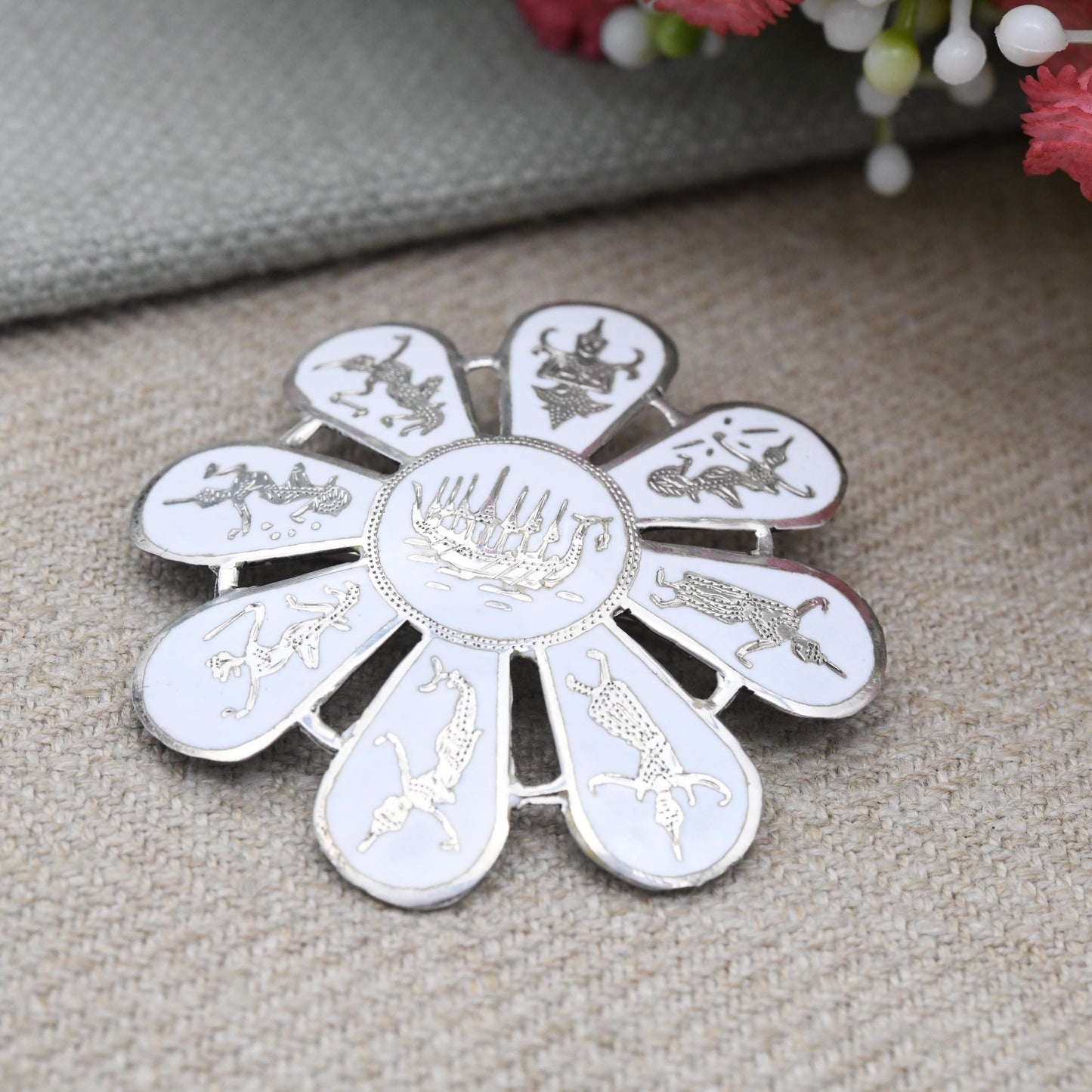 Vintage Siam Sterling Silver Brooch White Enamel Inlay - Flower Shape Petals | Mekala Goddess of Lightning | Goddess Vintage Thailand Silver