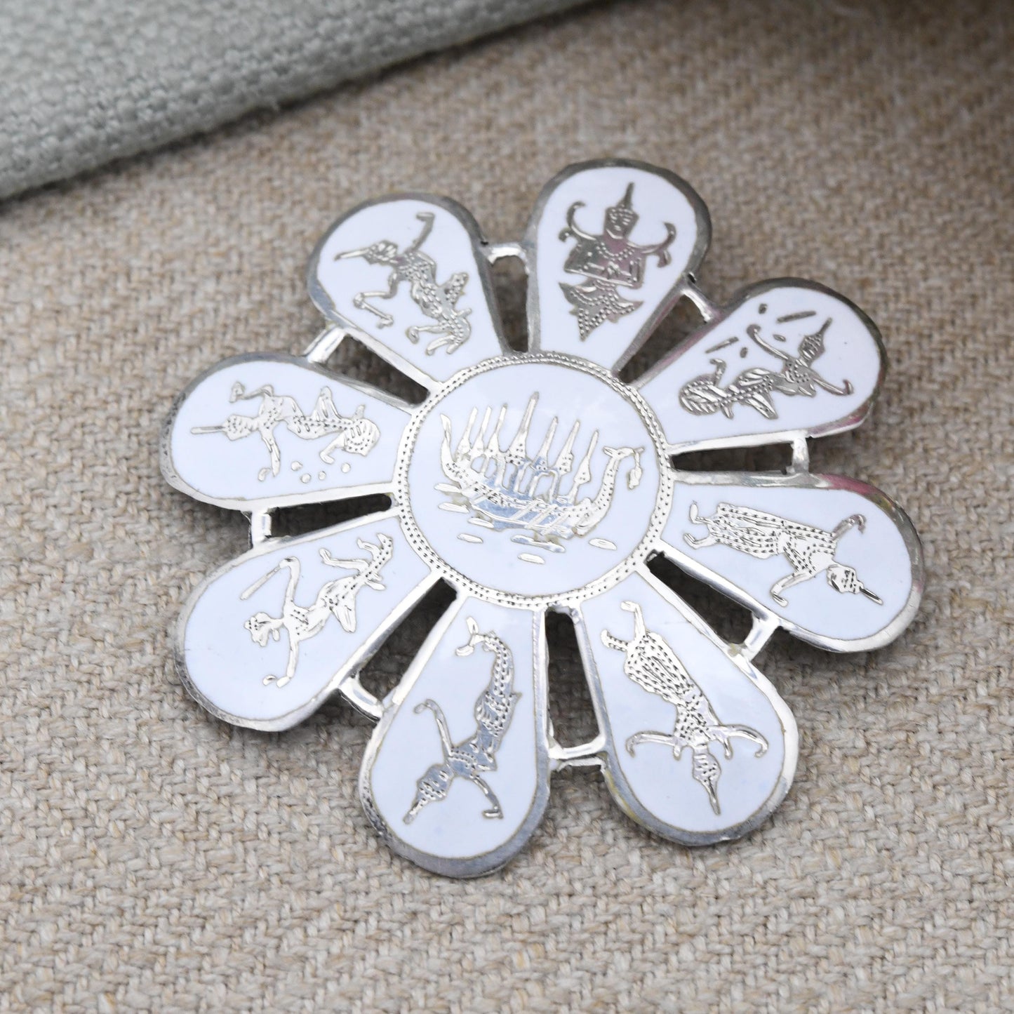 Vintage Siam Sterling Silver Brooch White Enamel Inlay - Flower Shape Petals | Mekala Goddess of Lightning | Goddess Vintage Thailand Silver