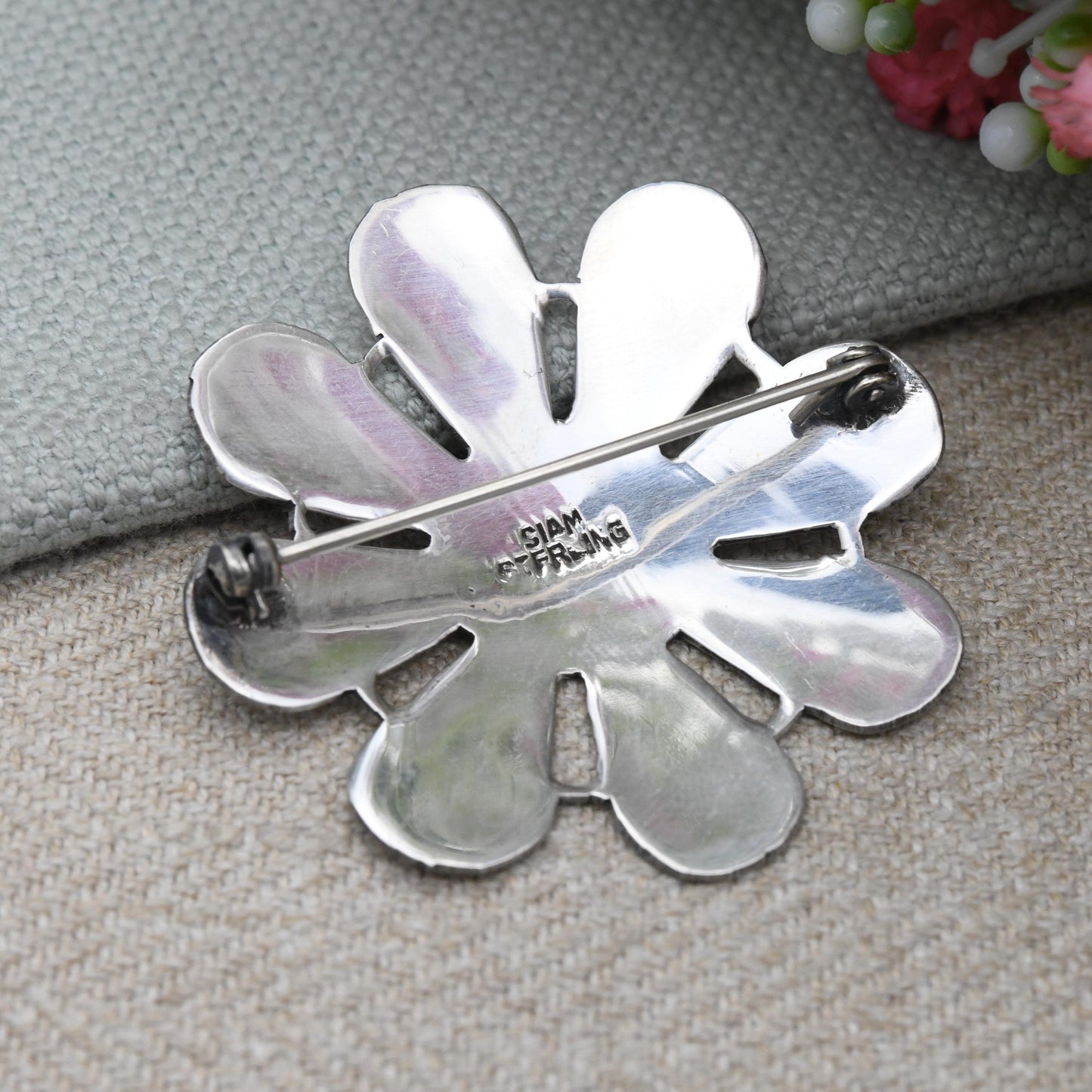 Vintage Siam Sterling Silver Brooch White Enamel Inlay - Flower Shape Petals | Mekala Goddess of Lightning | Goddess Vintage Thailand Silver