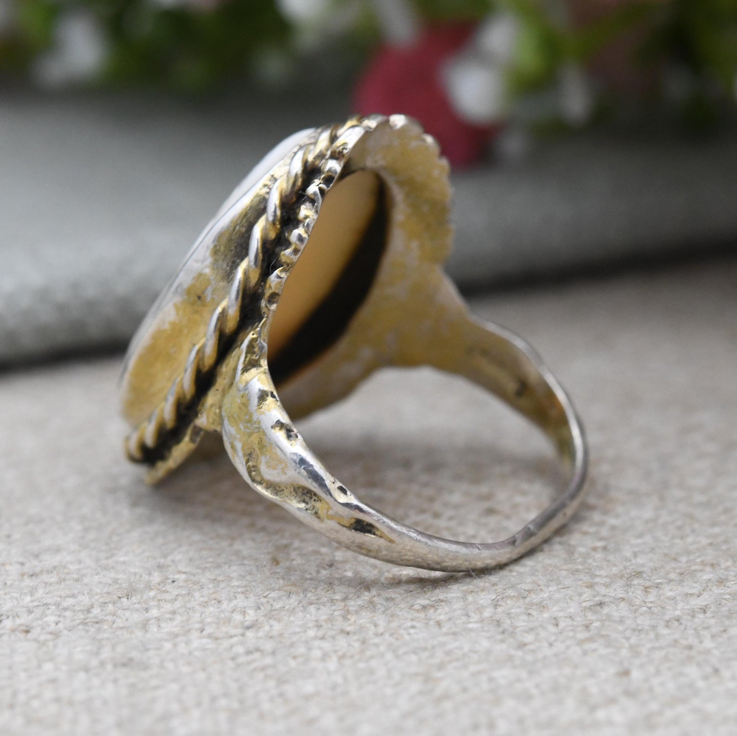 Vintage Sterling Silver Cameo Ring Gold Plated - Carved Shell Classical Woman's Face Ring | Large Statement | UK Size - P 1/2 | US Size - 8