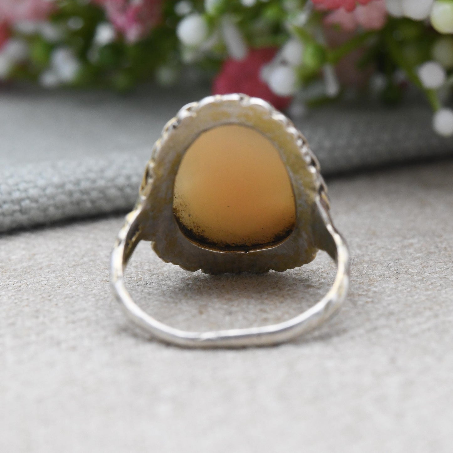 Vintage Sterling Silver Cameo Ring Gold Plated - Carved Shell Classical Woman's Face Ring | Large Statement | UK Size - P 1/2 | US Size - 8
