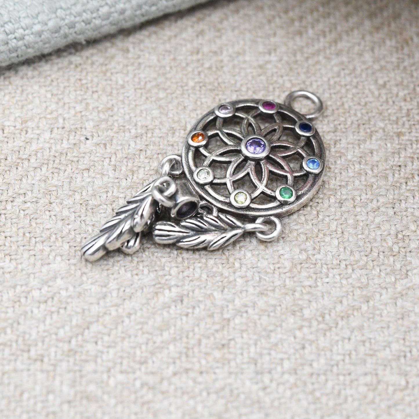 Sterling Silver Dream Catcher Pendant with Dangling Feather Drops - Colourful Gemstones Unusual Silver Jewellery | Pretty Gift for Daughter