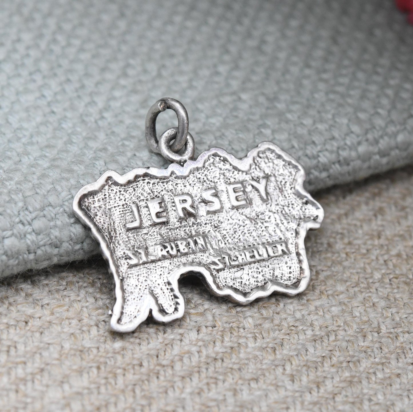 Vintage Sterling Silver Jersey Souvenir Charm Pendant - Map of Jersey Channel Island | St Aubin St Helier | 925 Charm Bracelet Mid-Century