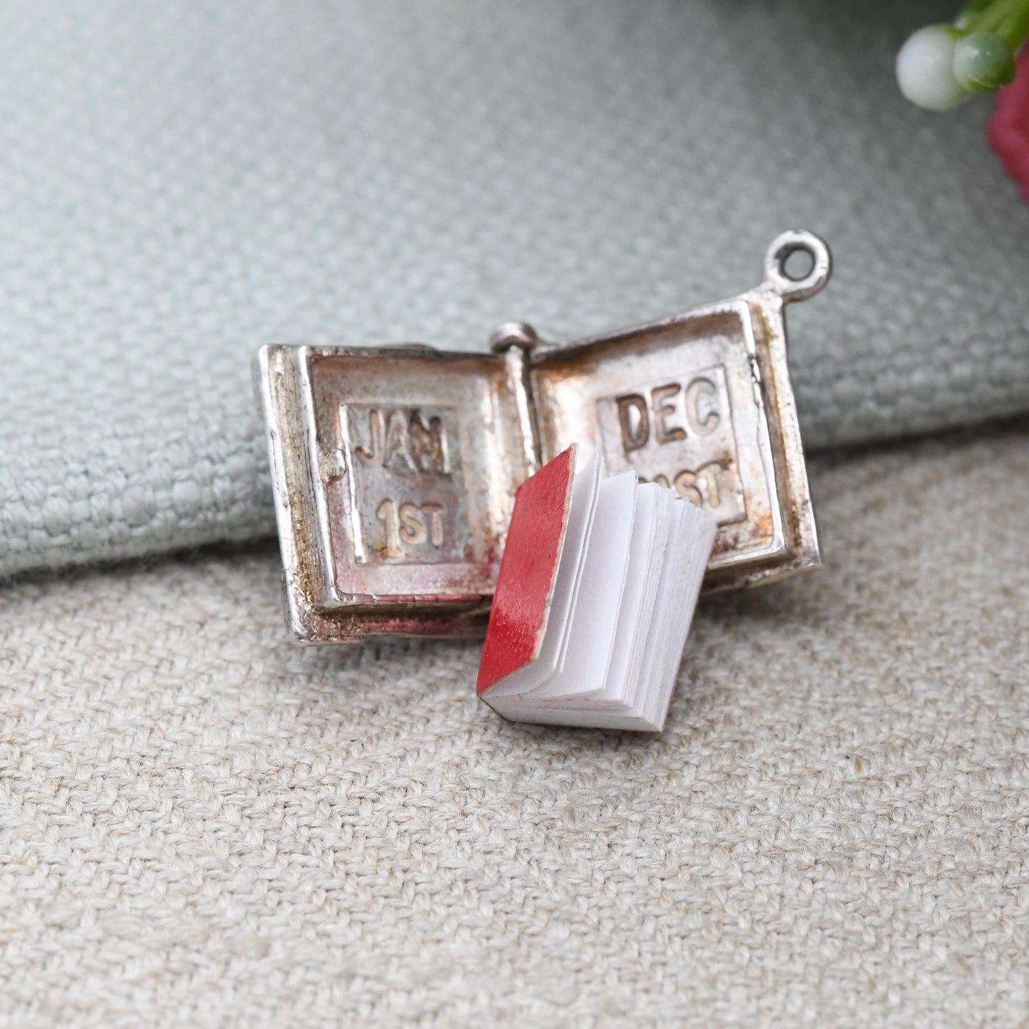 Vintage Sterling Silver Diary Charm Pendant Opening Book - January 1st to December 31st with Miniature Red Book Inside | Charm Bracelet Gift