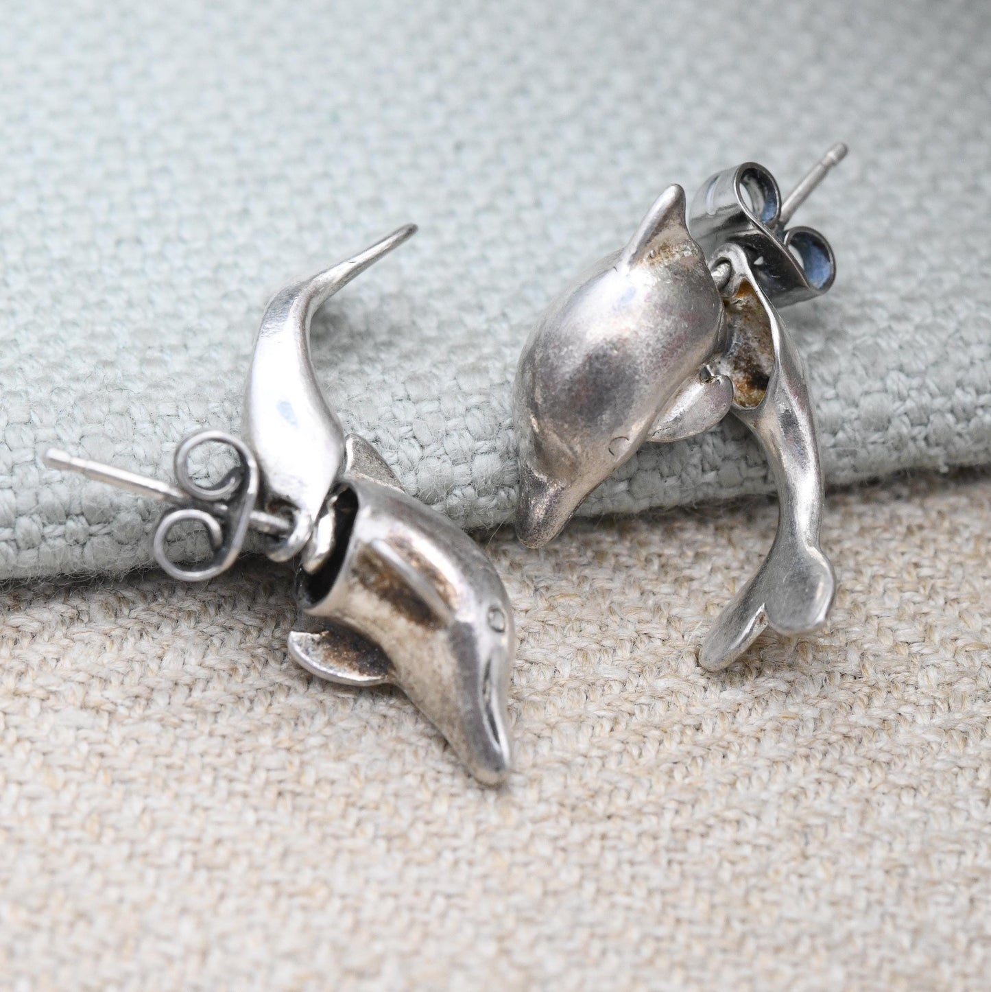 Vintage Sterling Silver Dolphin Earrings with Leaping Dolphin Jacket Design - Chunky Statement Animal Theme Jewellery Dangle Stud Earrings