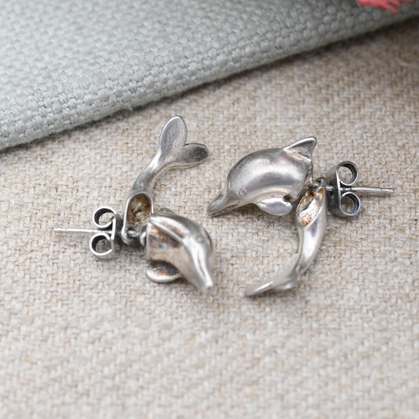 Vintage Sterling Silver Dolphin Earrings with Leaping Dolphin Jacket Design - Chunky Statement Animal Theme Jewellery Dangle Stud Earrings