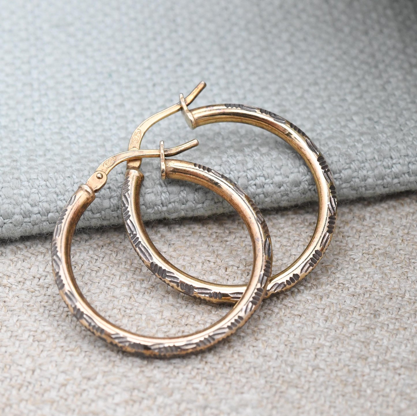 Vintage Gold Plated Sterling Silver Hoop Earrings Textured Hoops - Large Circle Hoops with Hand Engraved Design | Pretty Everyday Jewellery