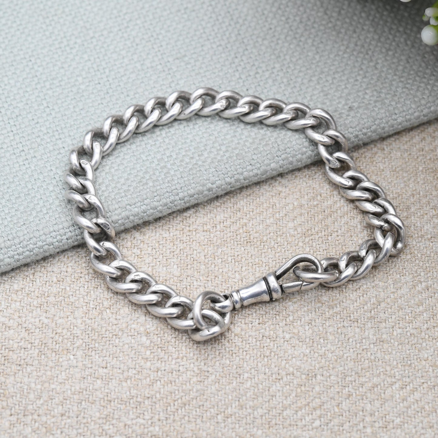 Antique Sterling Silver Albert Chain Bracelet with Dog Clip 1915 - Unisex | Hallmark Stamps to Each Link | Curb Link Pocket Watch Chain 7.5"