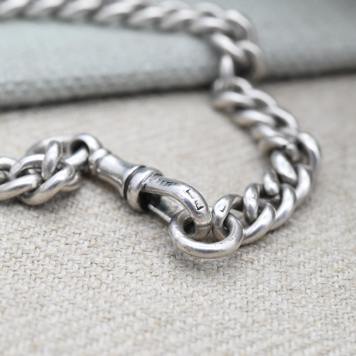 Antique Sterling Silver Albert Chain Bracelet with Dog Clip 1915 - Unisex | Hallmark Stamps to Each Link | Curb Link Pocket Watch Chain 7.5"