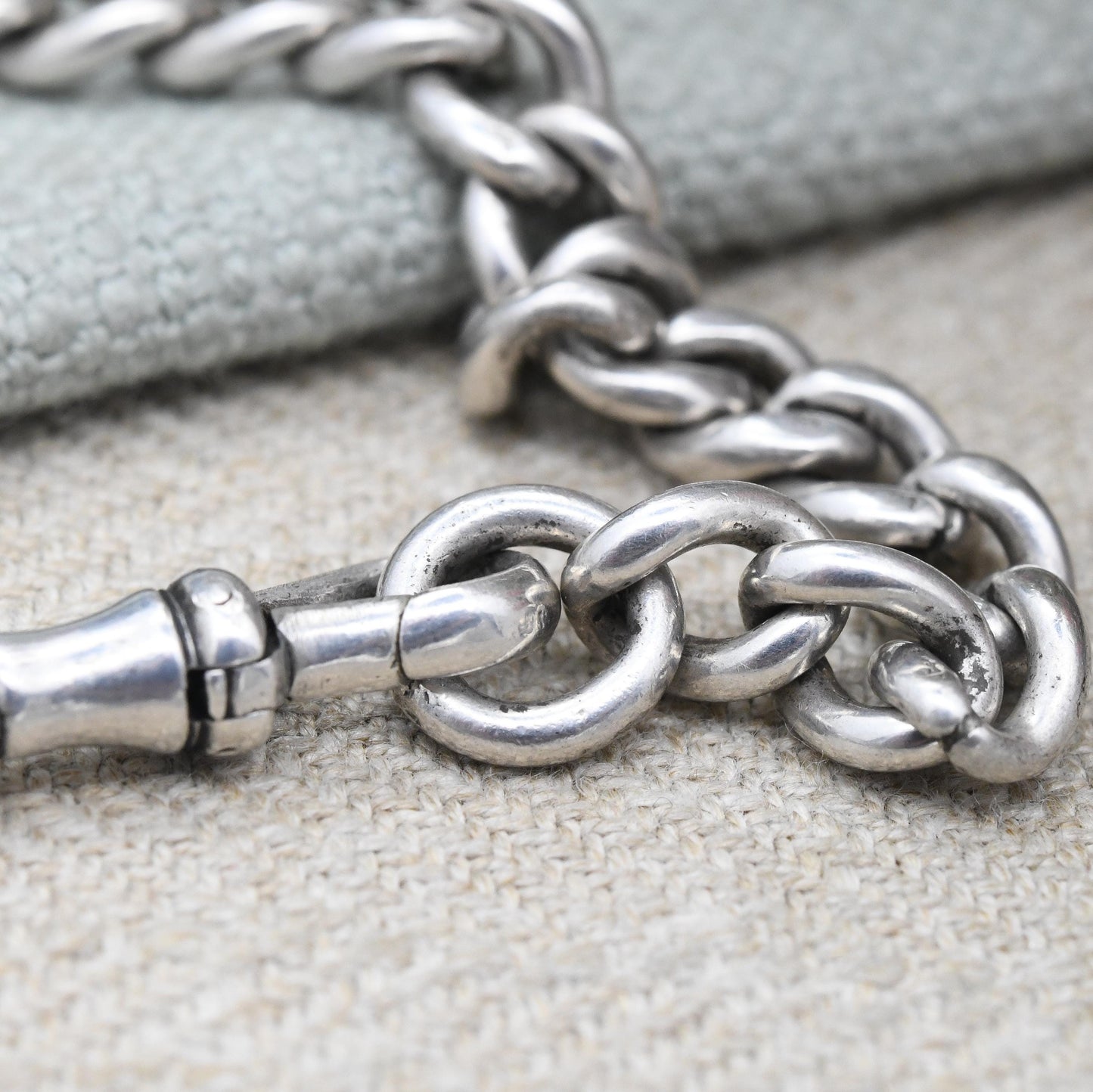 Antique Sterling Silver Albert Chain Bracelet with Dog Clip 1915 - Unisex | Hallmark Stamps to Each Link | Curb Link Pocket Watch Chain 7.5"