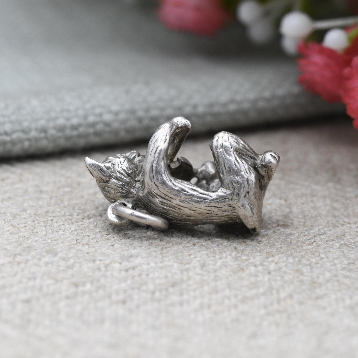 Vintage Sterling Silver Cat Playing a Fiddle Charm Pendant c. 1960s - Children's Nursery Rhyme Theme Charm | Sitting Cat Anthropomorphic