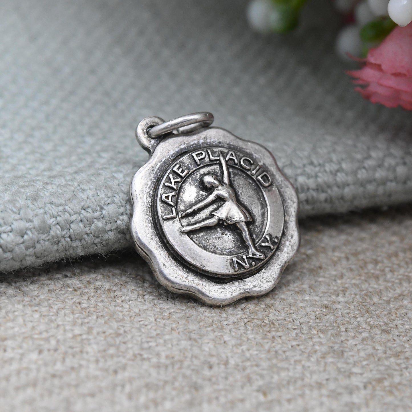 Vintage Sterling Silver Lake Placid Souvenir Charm Pendant New York USA - America Charm Bracelet Collection | Ice Skater Girl Flag | Signed