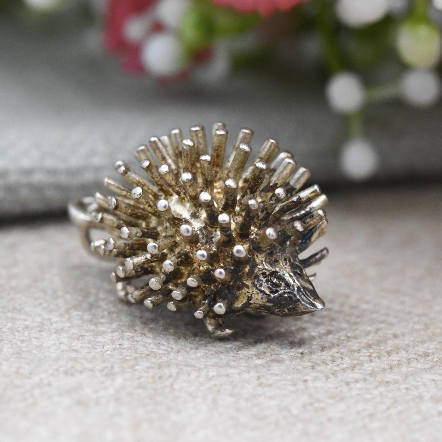 Vintage Sterling Silver Hedgehog Charm Pendant - Large Sized Animal Woodland Nature Theme Charm Bracelet | with Expressive Face