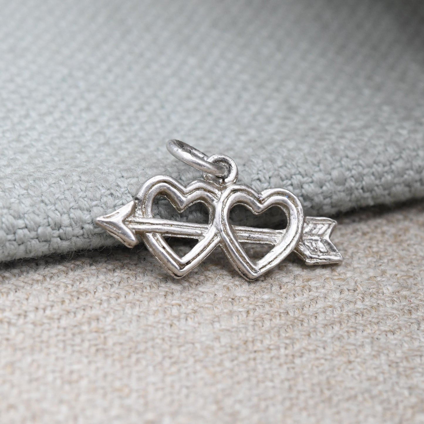 Vintage Silver Arrow Through Two Hearts Charm Pendant - Double Hearts Symbol for Love | Cupid Valentine's Gift for Charm Bracelet