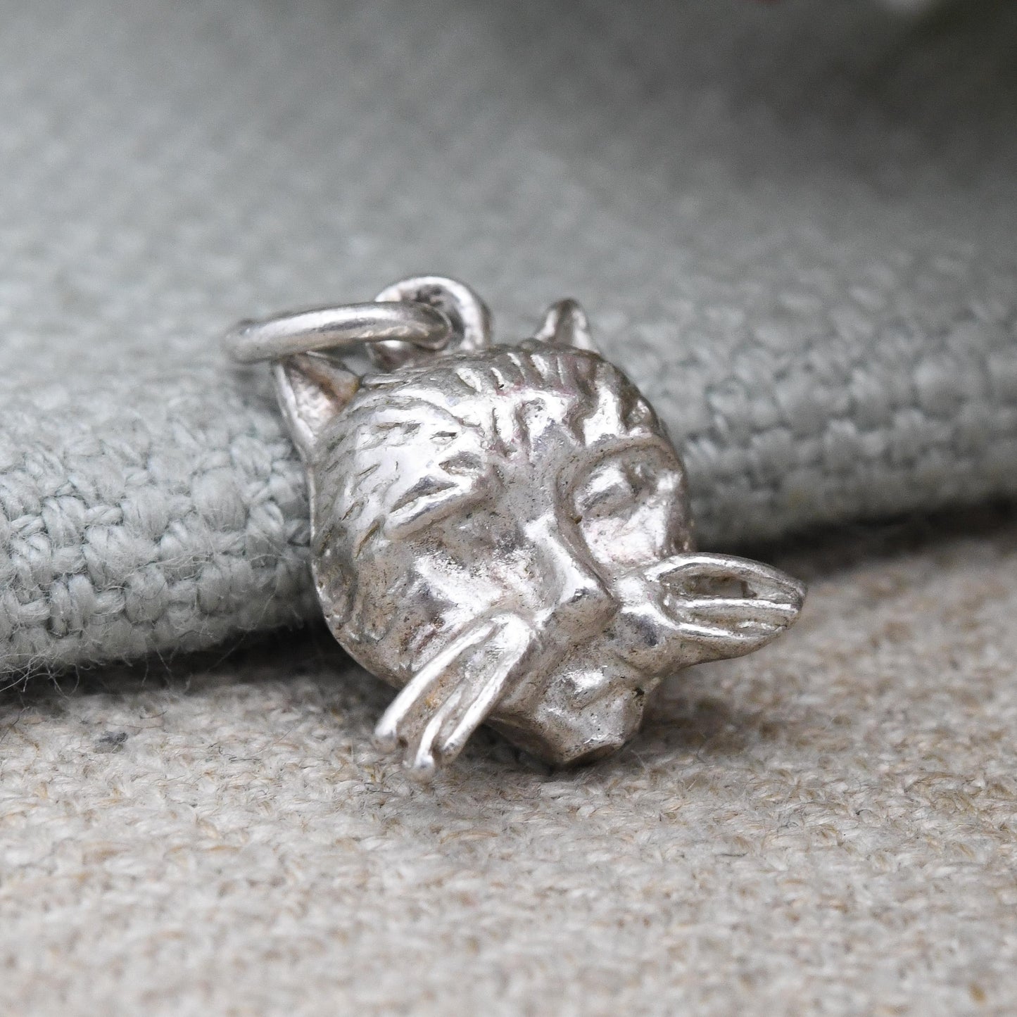 Vintage Cat Charm Pendant Sterling Silver - London Leopard Head Lion Face Charm | Textured Fur Big Cat Long Whiskers | for Charm Bracelet
