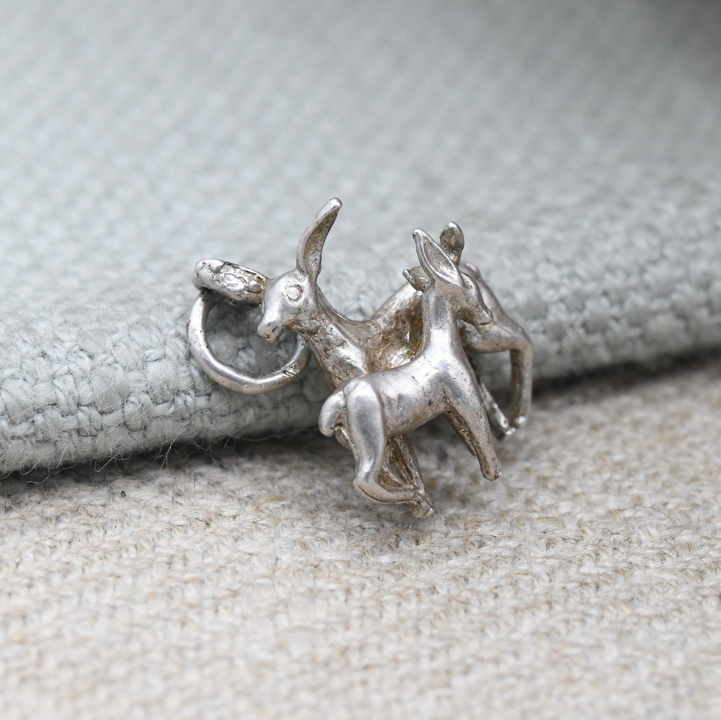 Vintage Sterling Silver Deer & Fawn Charm Pendant - Bambi Style Woodland Animal | for Charm Bracelet | Mother and Baby Animal
