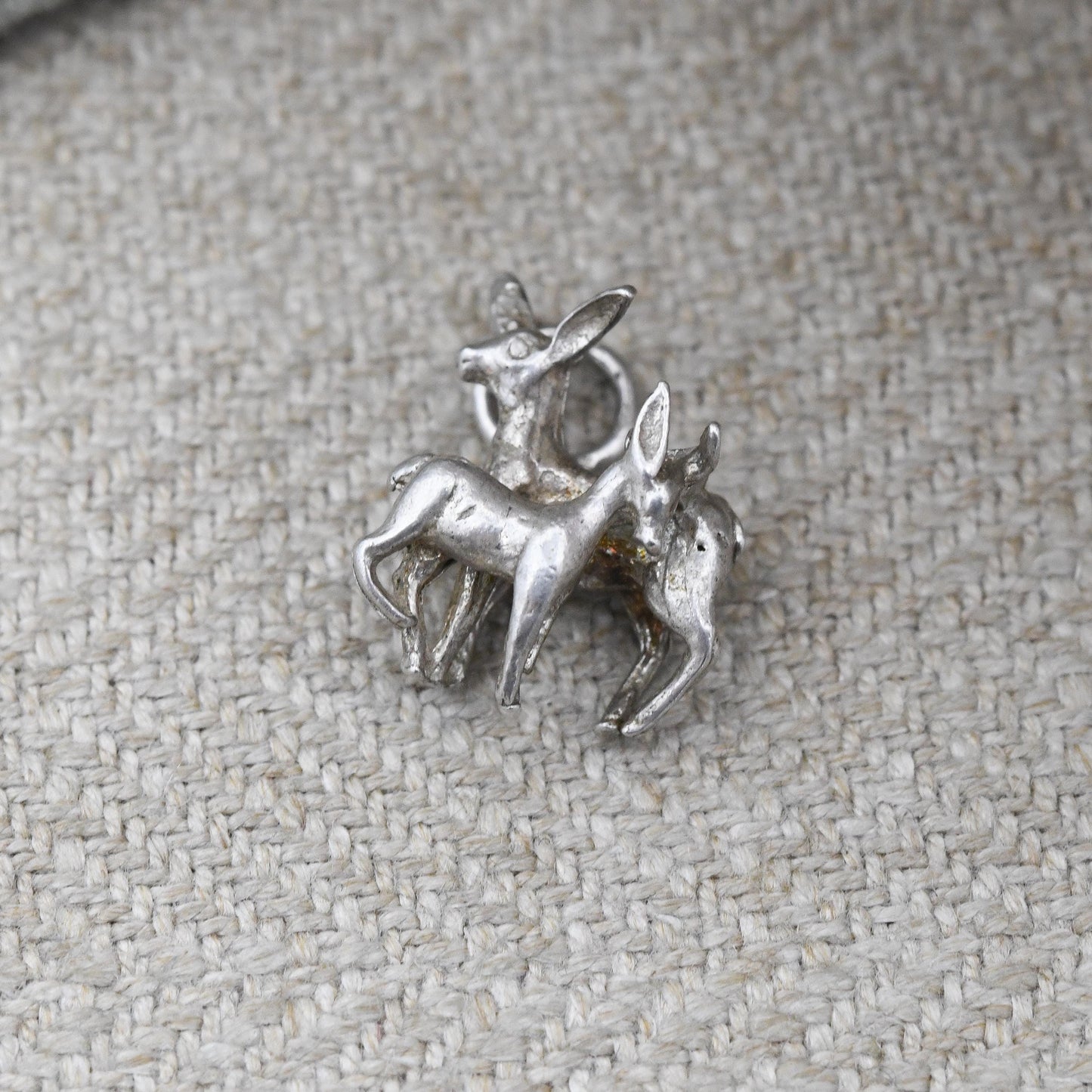 Vintage Sterling Silver Deer & Fawn Charm Pendant - Bambi Style Woodland Animal | for Charm Bracelet | Mother and Baby Animal
