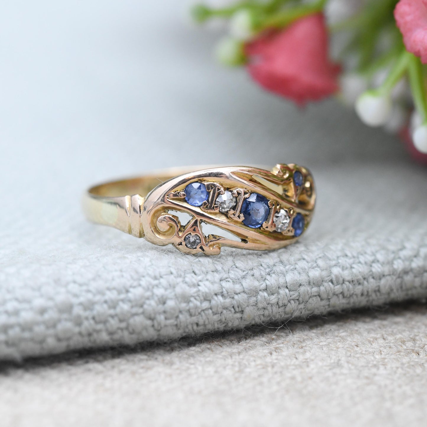 Antique 18ct Gold Sapphire and Diamond Ring c. 1910s Edwardian Era - Alternating Five Stone Engagement Ring | UK Size - R | US Size - 8 3/4