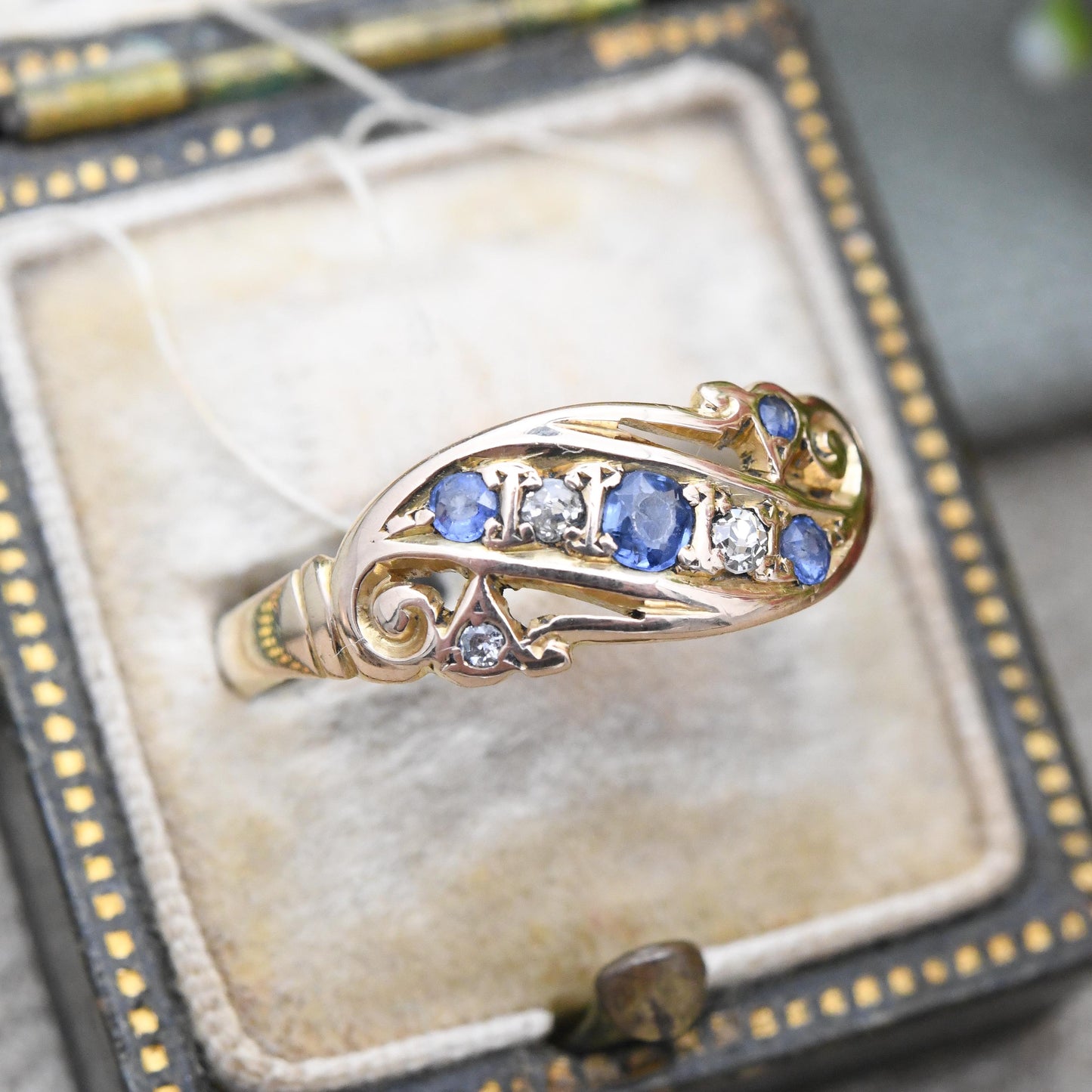 Antique 18ct Gold Sapphire and Diamond Ring c. 1910s Edwardian Era - Alternating Five Stone Engagement Ring | UK Size - R | US Size - 8 3/4