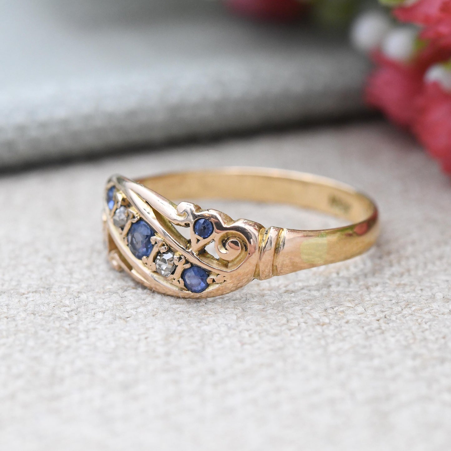Antique 18ct Gold Sapphire and Diamond Ring c. 1910s Edwardian Era - Alternating Five Stone Engagement Ring | UK Size - R | US Size - 8 3/4