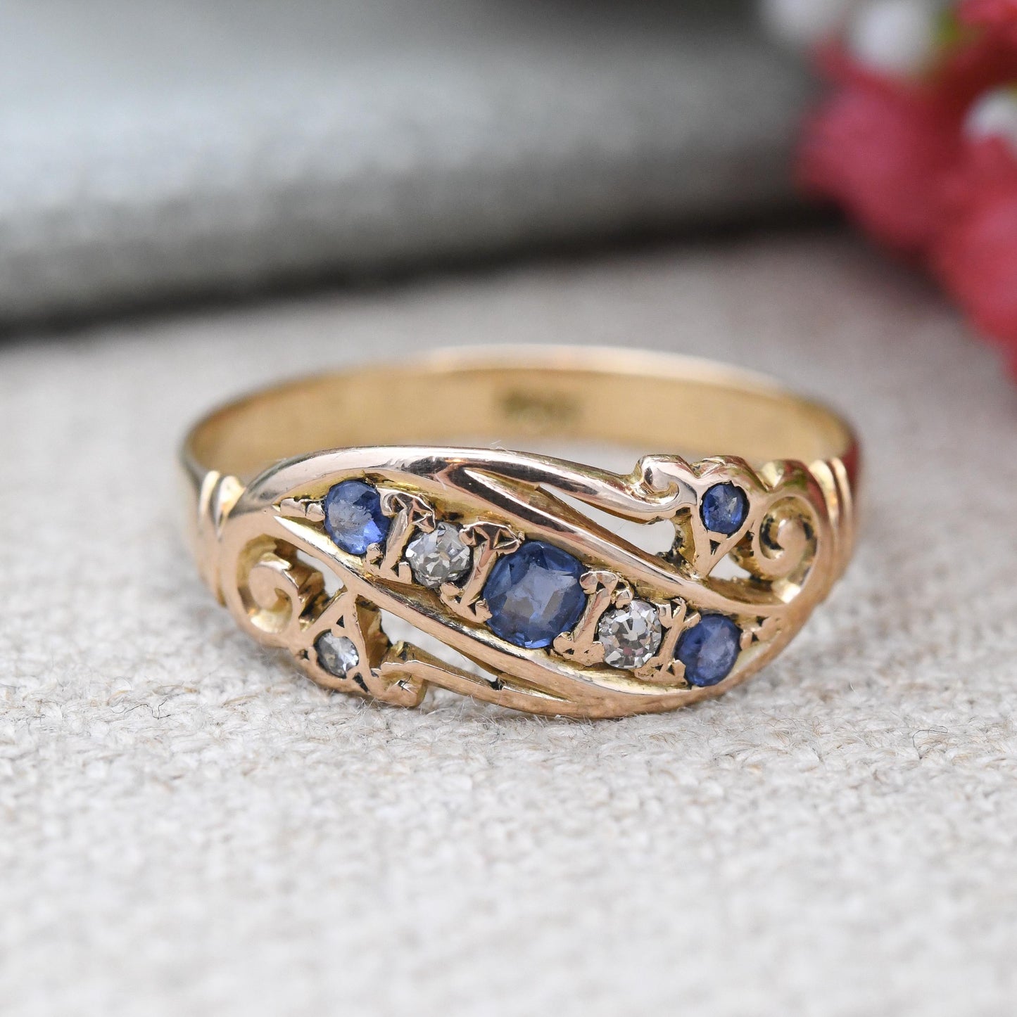 Antique 18ct Gold Sapphire and Diamond Ring c. 1910s Edwardian Era - Alternating Five Stone Engagement Ring | UK Size - R | US Size - 8 3/4