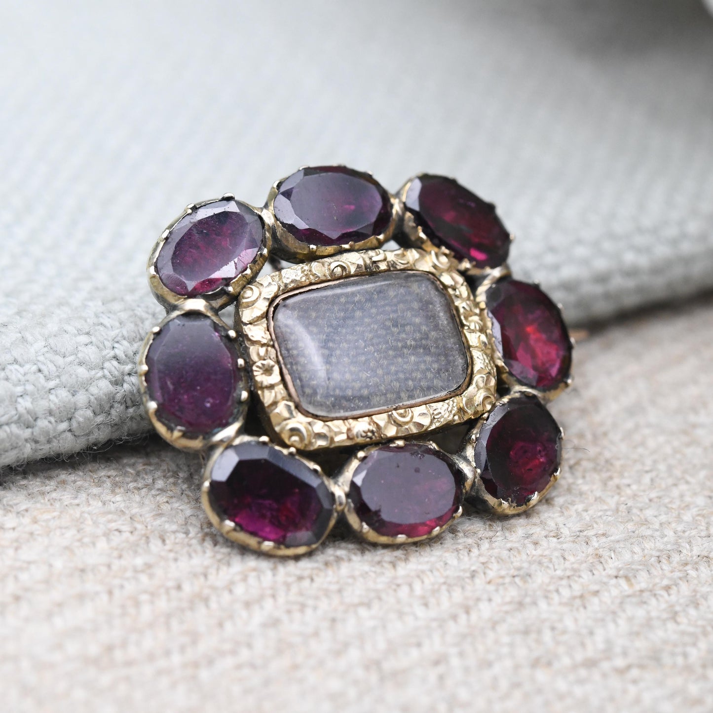 Antique 15ct Gold Garnet Hair Brooch c. 1800s Georgian Victorian - Large Red Stones Carved Flower Border | Antique Mourning Jewellery Locket