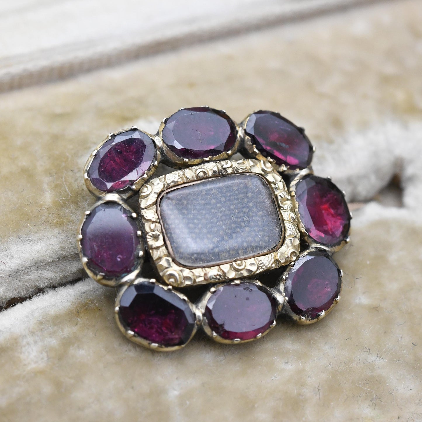 Antique 15ct Gold Garnet Hair Brooch c. 1800s Georgian Victorian - Large Red Stones Carved Flower Border | Antique Mourning Jewellery Locket