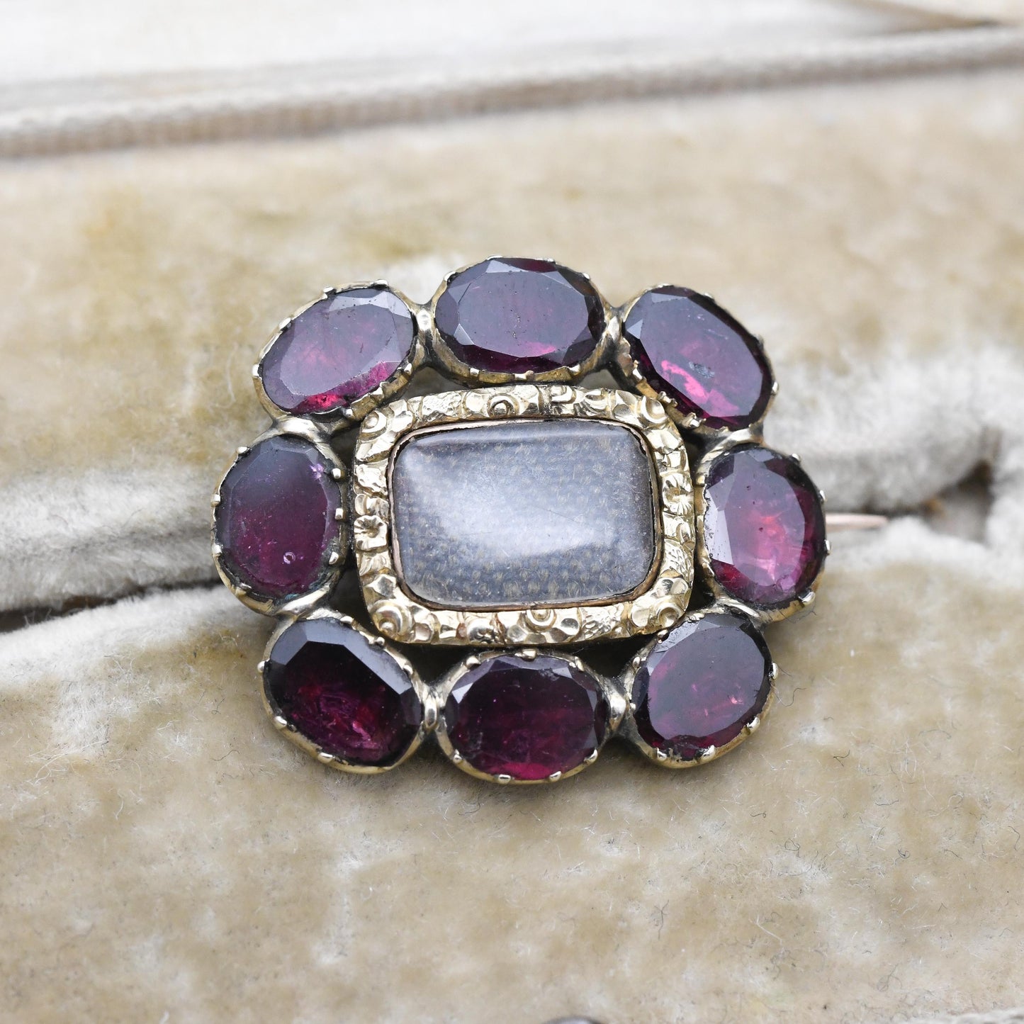 Antique 15ct Gold Garnet Hair Brooch c. 1800s Georgian Victorian - Large Red Stones Carved Flower Border | Antique Mourning Jewellery Locket