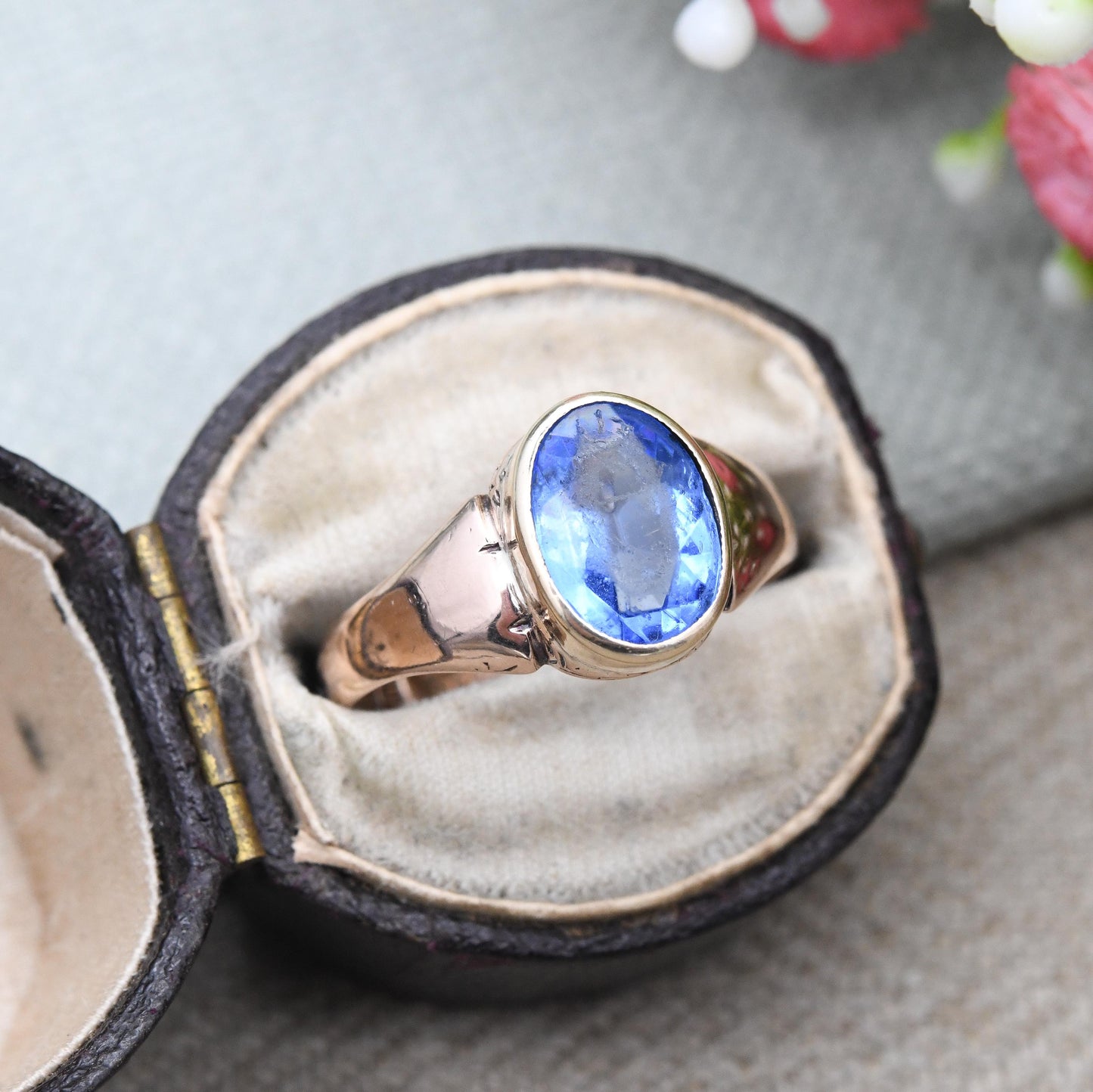 Antique 9ct Gold Blue Paste Ring 1909 Chester Hallmarks - Edwardian Rose Gold Large Faceted Solitaire | Pretty Gift | UK Size Q | US Size 8