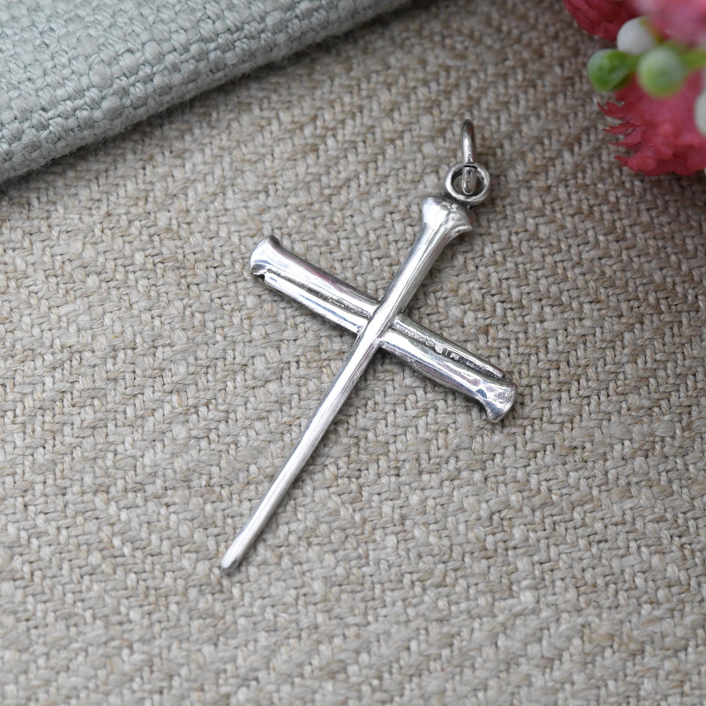Vintage Sterling Silver Cross of Nails Pendant 1965 - Mid-Century Minimal Design Christian Crucifix Pendant | Gift for Baptism Christening