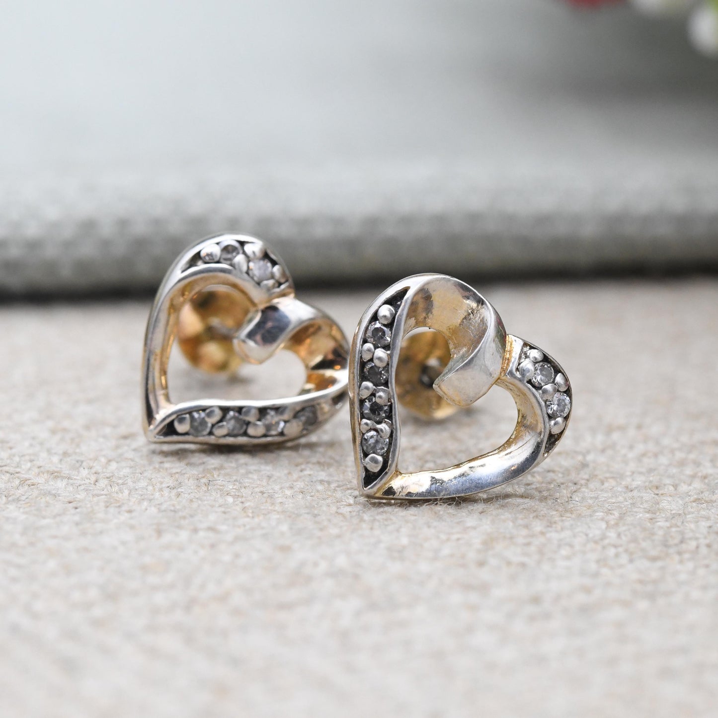 Vintage Sterling Silver Heart Stud Earrings with CZ Stones - Love Heart Shape Open Hearts | Sentimental Vintage Jewellery Gift for Her