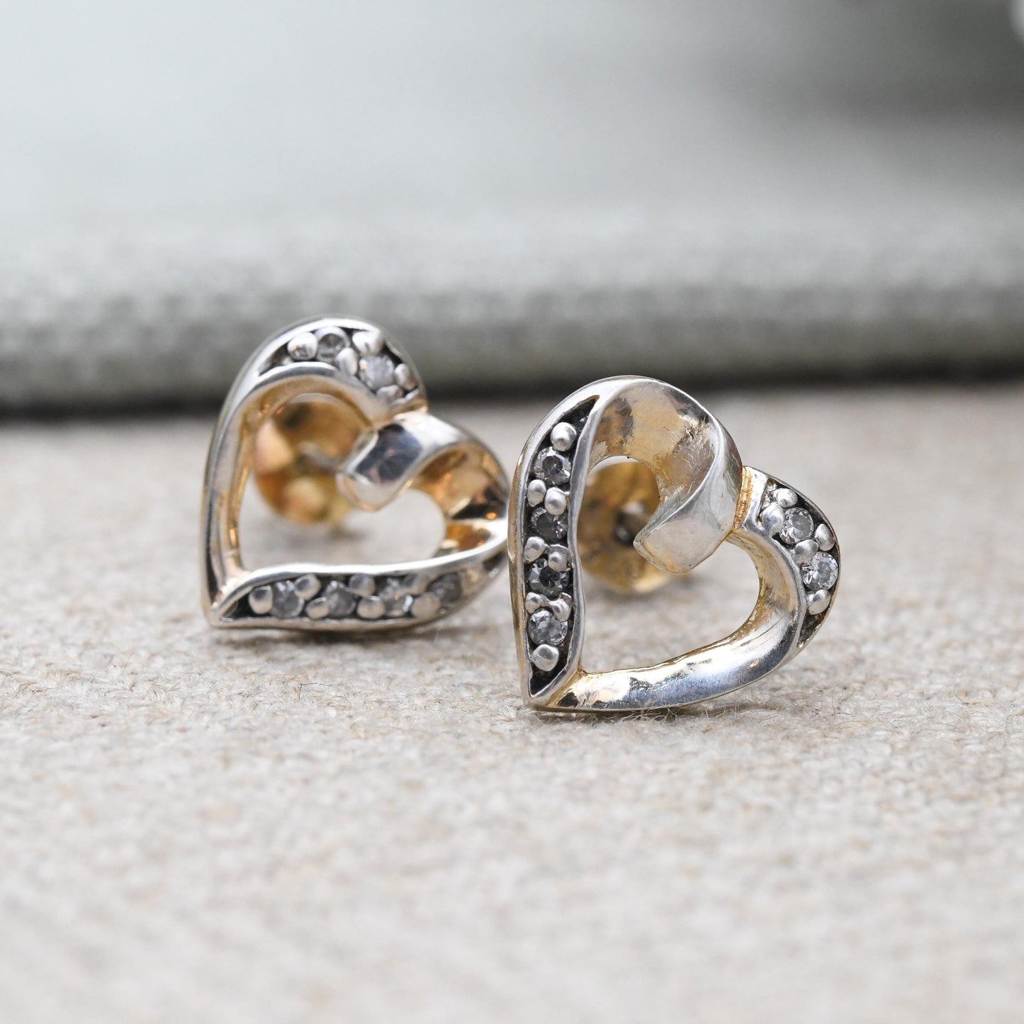 Vintage Sterling Silver Heart Stud Earrings with CZ Stones - Love Heart Shape Open Hearts | Sentimental Vintage Jewellery Gift for Her