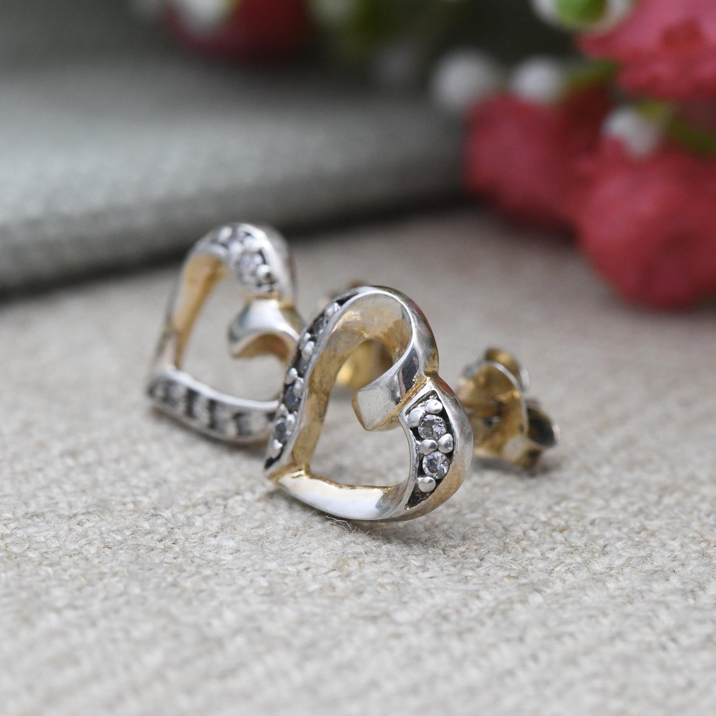 Vintage Sterling Silver Heart Stud Earrings with CZ Stones - Love Heart Shape Open Hearts | Sentimental Vintage Jewellery Gift for Her