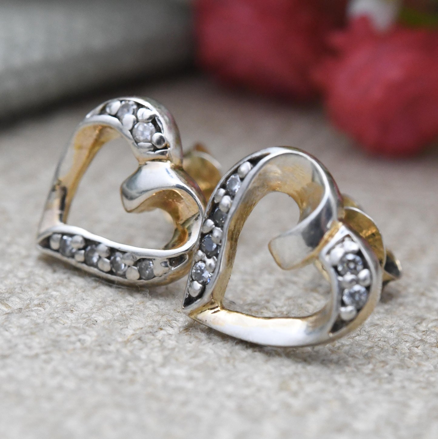Vintage Sterling Silver Heart Stud Earrings with CZ Stones - Love Heart Shape Open Hearts | Sentimental Vintage Jewellery Gift for Her