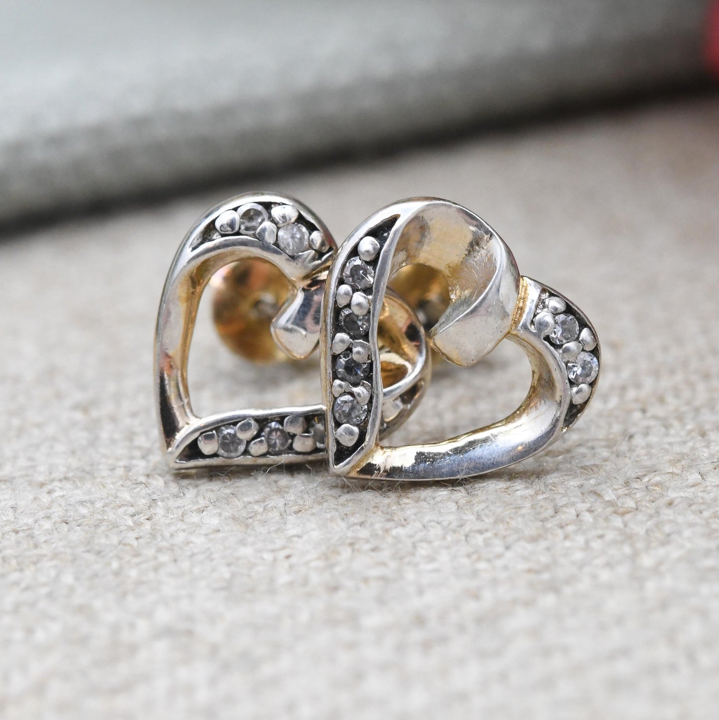 Vintage Sterling Silver Heart Stud Earrings with CZ Stones - Love Heart Shape Open Hearts | Sentimental Vintage Jewellery Gift for Her