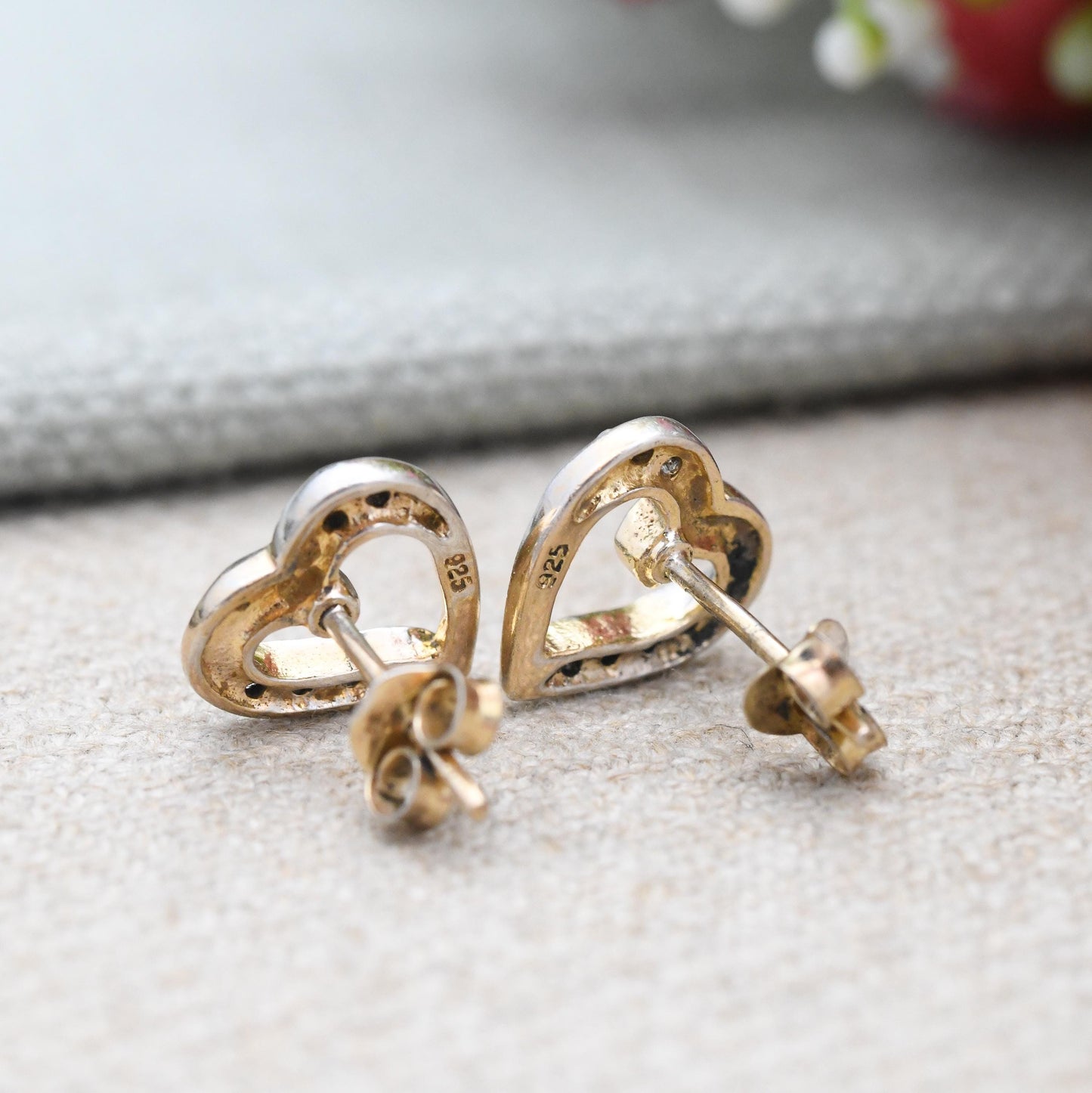 Vintage Sterling Silver Heart Stud Earrings with CZ Stones - Love Heart Shape Open Hearts | Sentimental Vintage Jewellery Gift for Her