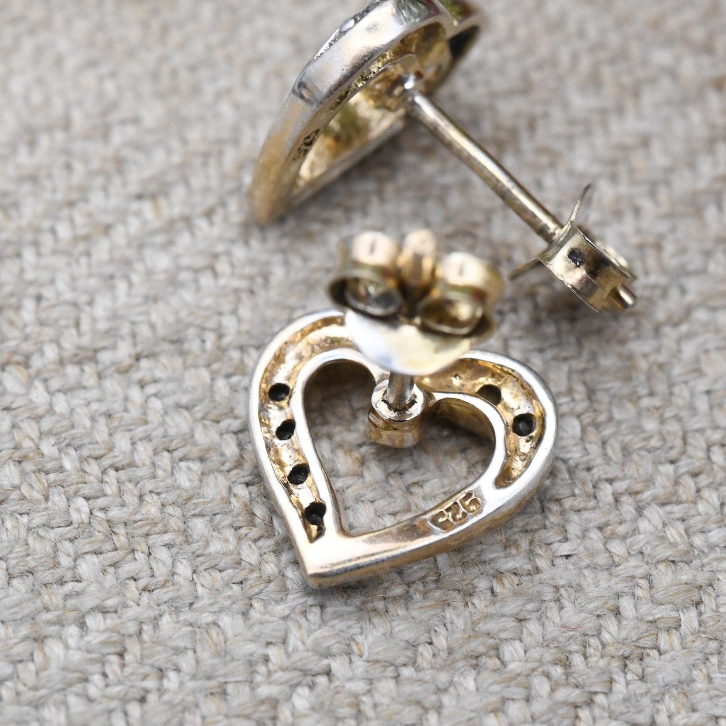 Vintage Sterling Silver Heart Stud Earrings with CZ Stones - Love Heart Shape Open Hearts | Sentimental Vintage Jewellery Gift for Her