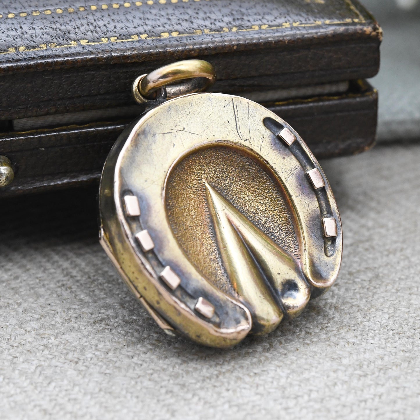 Antique Victorian Horseshoe Locket Pendant with Old Photograph Inside - Large Chunky Locket Necklace | Pinchbeck Jewellery Collectable