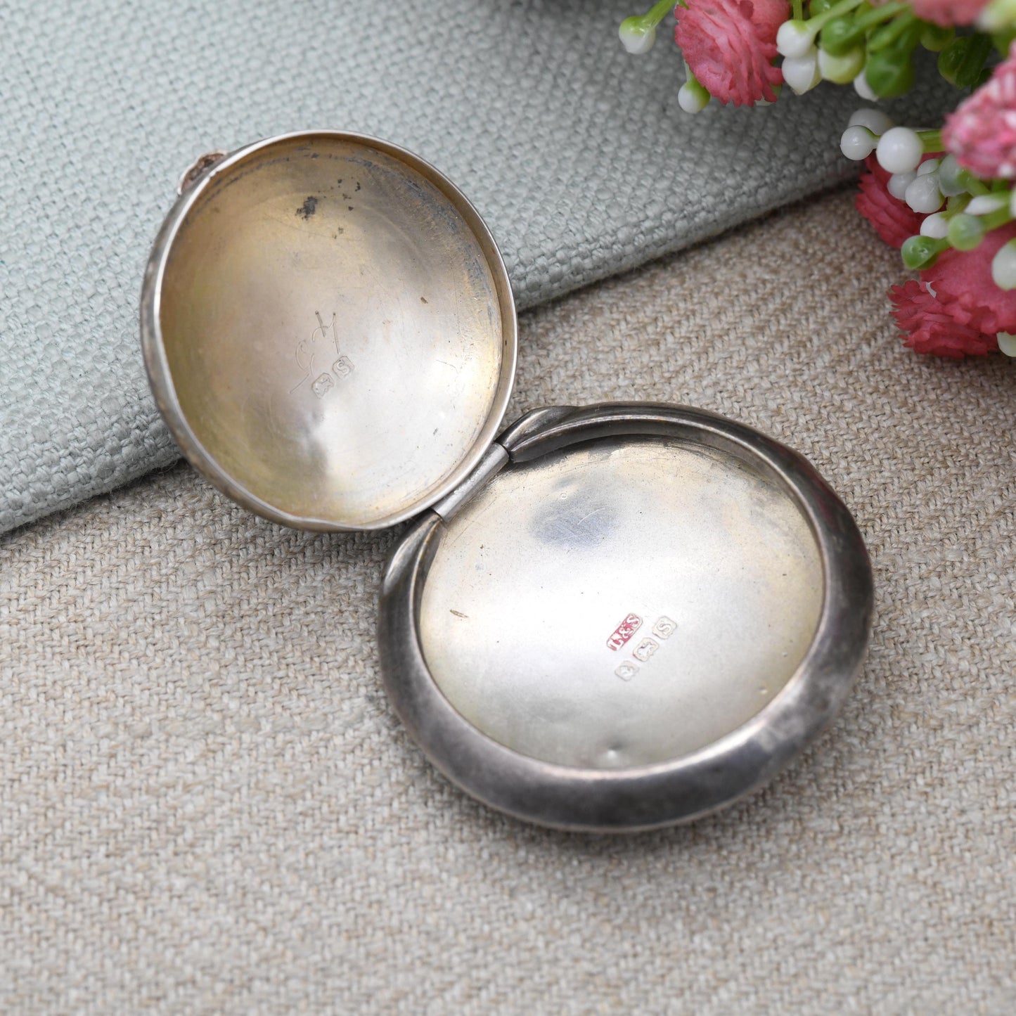 Antique Sterling Silver Compact Locket Pendant 1917 by Levi and Salaman L&S - Opening Powder Box Keepsake Necklace | Art Deco Period