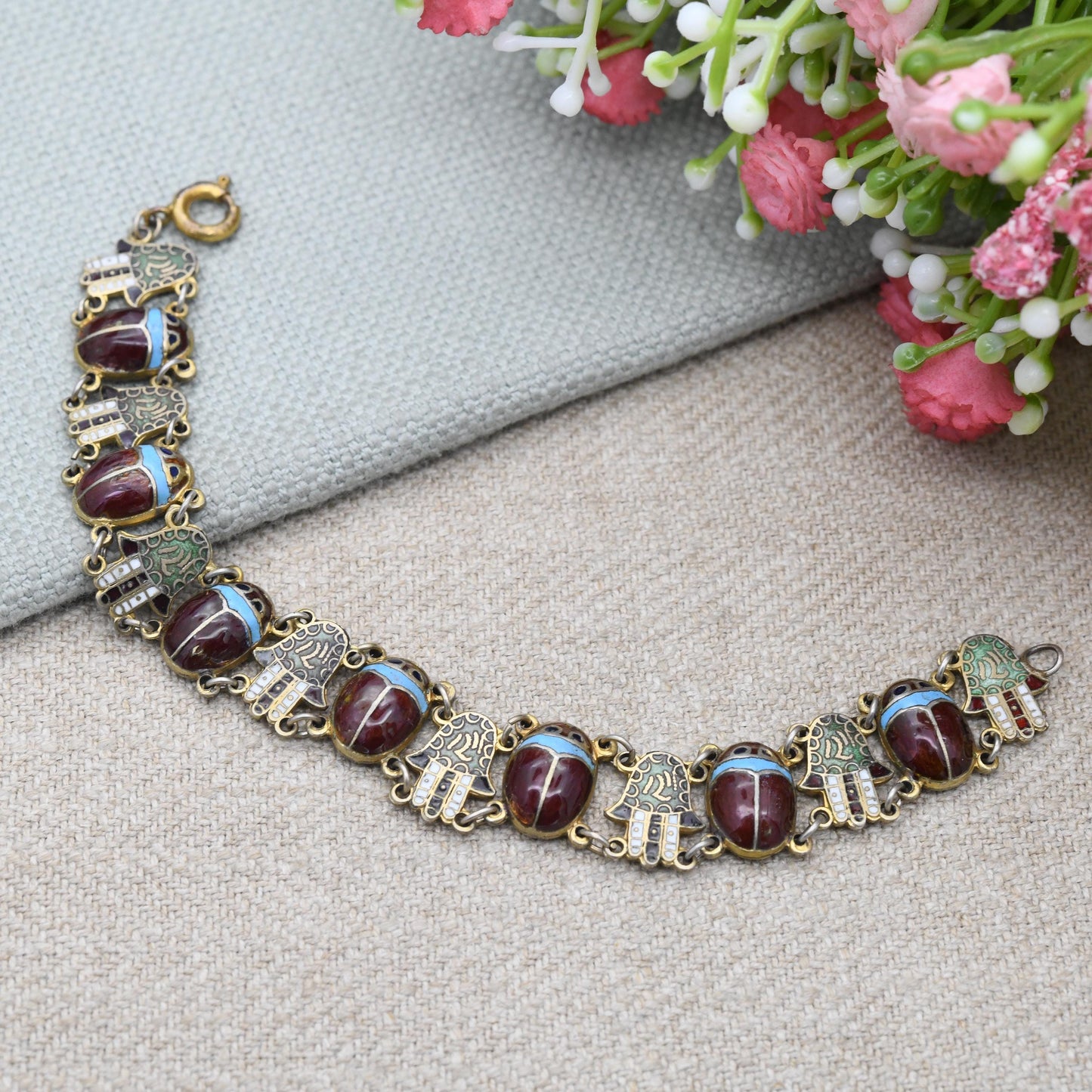 Vintage Egyptian Silver Enamel Scarab Beetle and Hamsa Panel Link Bracelet - Hand of Fatima Symbol | c. 1930s Art Deco Egyptian Revival