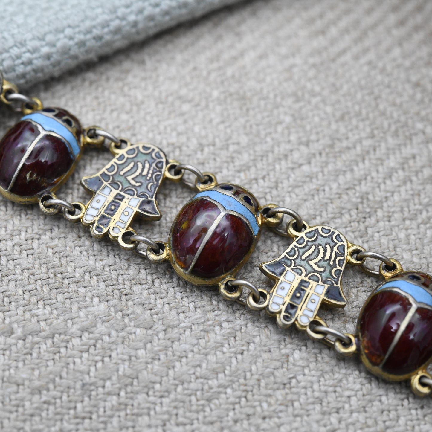 Vintage Egyptian Silver Enamel Scarab Beetle and Hamsa Panel Link Bracelet - Hand of Fatima Symbol | c. 1930s Art Deco Egyptian Revival